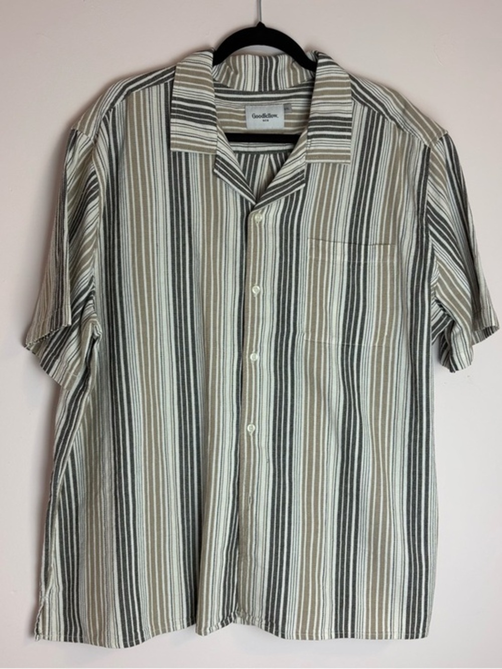 Goodfellow & Co Mens Short Sleeve Striped Button‎ Up Shirt Beige Black XXL